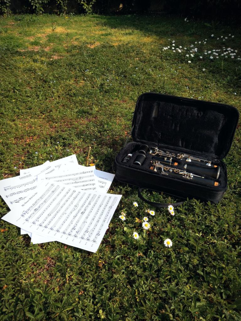 A  clarinet in an open case next to a pile of sheet music, sitting on the grass.